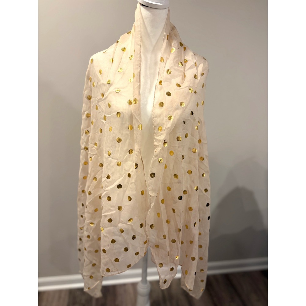 Gold Foil Polka Dot Scarf Cream Champagne Sheer Metallic Glam Holiday Wrap Shawl